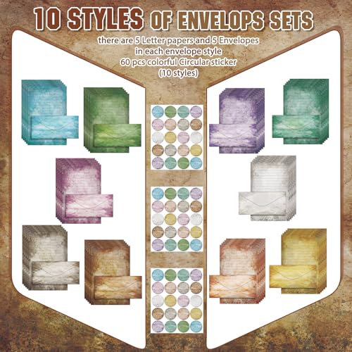 Image of TaoBary 160 Pcs Stationery Paper Set 50 Double Sided Stationery Paper with 50 Matching Envelope and 60 Round Dot Sticker, 10 Design (Vintage Colors,8.5 x 11 Inch)