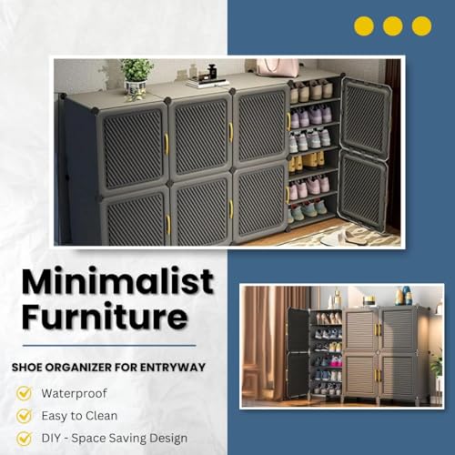 Image of Strassis Design DIY Shoe Rack Plastic - Multi-Purpose Plastic Shelves, PP Home Shoe Rack with Door for Entryway, Chappal Slipper Shoe Stand (Grey, 4-Door)