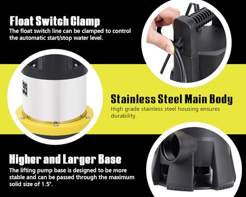 Image of Sump Pump Submersible 7000GPH Stainless Steel Water Pump for Pool Draining 1.5HP Utility Pump with Adjustable Float Switch 16FT Power Cord for Flooded House Sump Pit Pond Remove Water