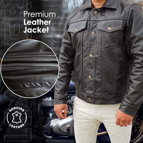 Image of Vintage Style Trucker Jacket Men - Classic Fashion Motorcycle Leather Jacket for Men Collar Jackets For Mens
