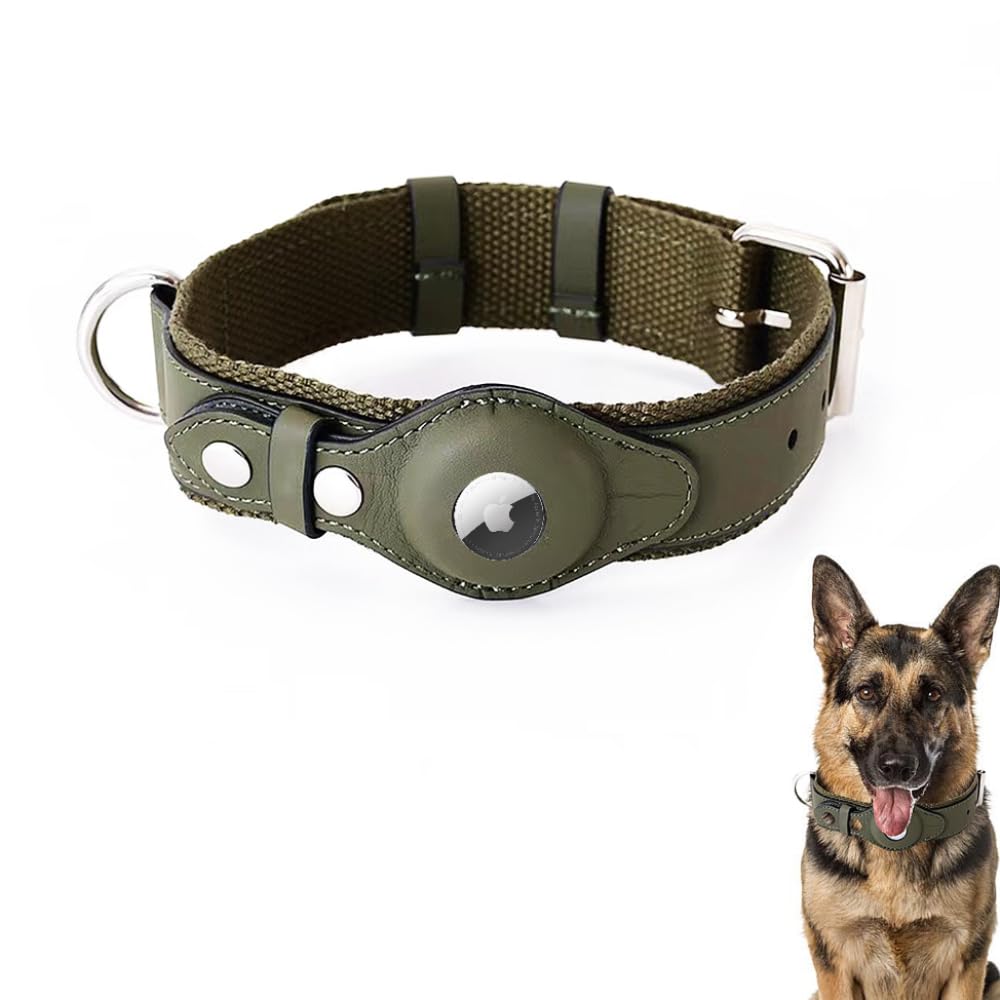LiRui.R AirTag Adjustable Soft Leather Webbing Pet Collar for AirTag provides dual protection and durability for small medium and large dogs (Green,L)