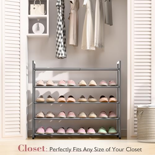 Image of Bumusty 5-Tier Expandable Shoe Rack for Closet, 18 inch-33 inch Adjustable Shoe Rack for Small Space, Small Shoe Organizer for Front Door, Sturdy Metal (Grey)