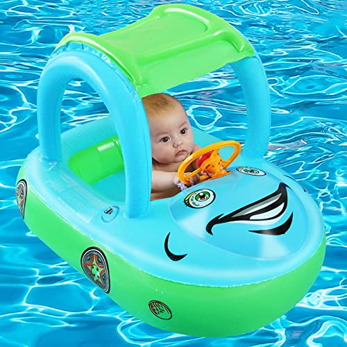 Image of YJJY Baby Pool Float with UPF 50+ Canopy Car Shaped Inflatable Swim Float for Infant Toddler Kids, Light Blue, Polyvinyl Chloride, Type IV