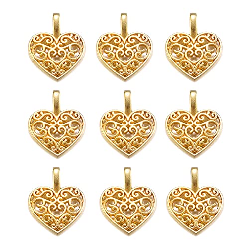 100pcs Craft Supplies Antique Gold Hollow Lovely Heart Charms for Jewelry Making Crafting Findings Accessory for DIY Necklace Bracelet 16mmx14mm (A655)