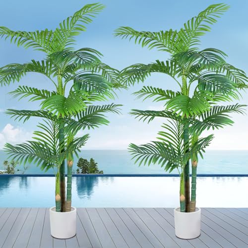 Fake Palm Trees 6FT 2pcs, Artificial Golden Cane Palm Tree 72IN, Green Large Tropical Palm Fake Plant in Pot for Indoor Outdoor, Living Room Outside Patio Office Home Decor