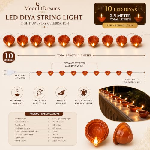 Image of MoonlitDreams Electric Diya Lights, 10 LED Traditional Diya String Light for Diwali Decoration, Home Decor, Mandir & Pooja, Festive Decorative Lighting, Brown