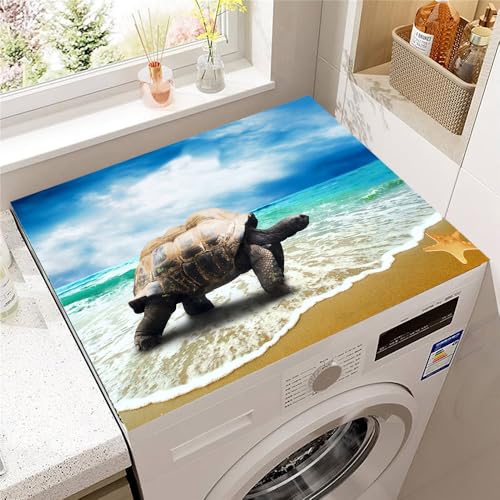 Hixingo Lavadora Estera Protectora, Cubre Lavadora, Funda Secadora Carga Superior, Protector Cubre Antideslizante para Secadoras, Cocinas, Autocaravanas, 3D Océano (Tortuga caminando,50 * 60cm)