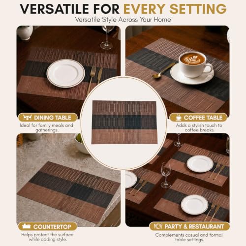 Image of Solitude Set of 6 Dining Table Placemats | Non-Slip PVC Table Mats, Heat Resistant, Washable, Stain-Resistant Surface, (Brown & Black, 45 x 30 cm)