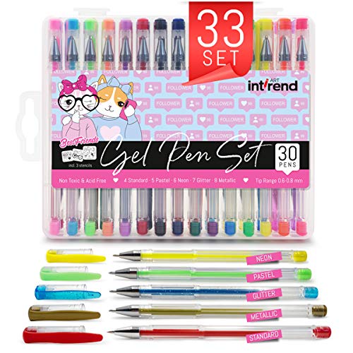 int!rend Set de 33 bolígrafos de gel | 30 boligrafos de tinta gel - 5 de pastel, 7 purpurina, 4 neón y 8 metálicos + 3 plantillas | Libros de colorear, pinturas, mandala, álbum de fotos