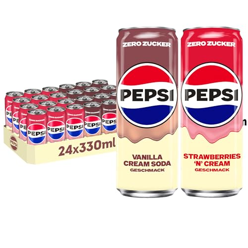 Pepsi Zero Cream Mix 24x330ml 12x Vanilla Cream Soda & 12x Strawberry Zuckerfreie Cola-Erfrischung mit Vanille- & Erdbeer-Geschmack