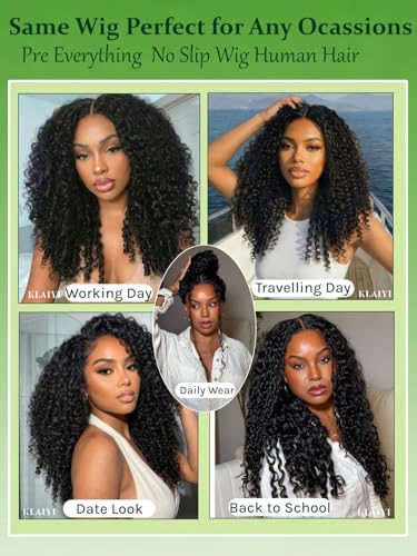 Image of KLAIYI Bye Bye Slip Precut 7x5Glueless Water Wave with Burmese Curls Mix Twist Finger Colis HD Lace Front Human Hair Wig Drawstring Pre Plucked Bleached Knots 30S Ready to Wear and Go Wig 150% 24Inch