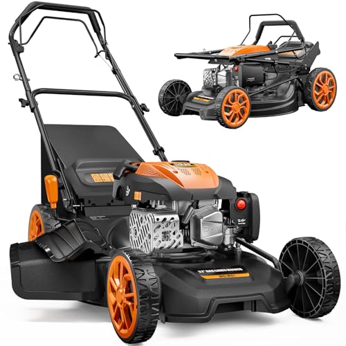 21” Self Propelled Lawn Mower Gas, 170CC 4-IN-1 Mulch/Rear Bag/Side Discharge/Rear Discharge, Walk-Behind Gas Lawnmower with 7-Position Cutting Height, Foldable Gas Powered Lawn Mowers for Lawn Garden
