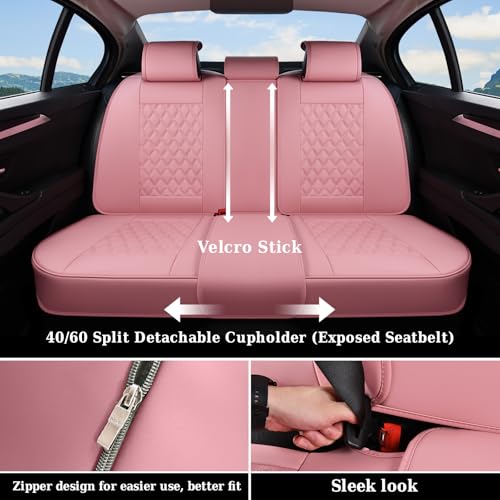 Image of Coverado Full Set Car Seat Covers, Luxury Faux Leather Waterproof Seat Covers, Pink Car Seat Protectors, Universal Fit for Most Cars, Automotive Seat Covers-Pink