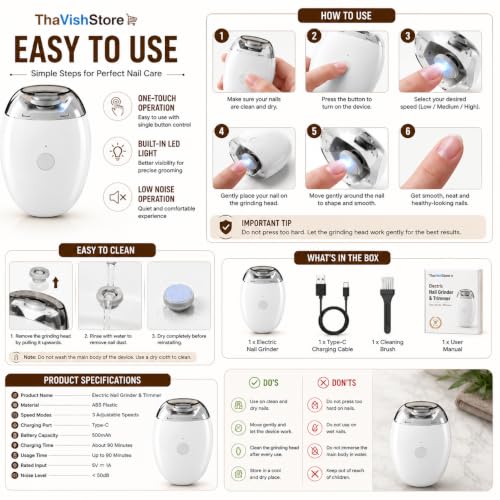 Image of Automatic Electric Nail Grinder & Trimmer with LED Light | Rechargeable Nail File, Nail Shaper & Polisher | 3 Speed Settings | Safe Nail Care for Adults, Kids & Seniors | Portable Electric Nail Grooming Kit