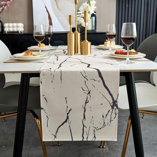 Jayusaror Camino De Mesa De Otoño Blanco Y Gris, Moderno Camino De Mesa De Lino Con Textura De Mármol Dorado Arte Abstracto Lavable Para Café, Comedor, Tocador, Dormitorio, 33 X 183 Cm