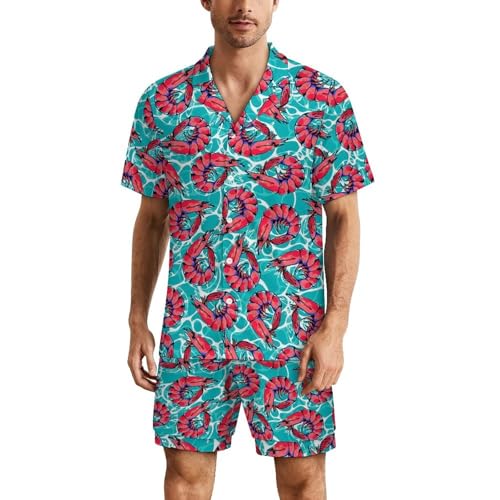 Shrimp Mens Pajama Set Short Sleeve 2 Piece Sleepwear Button Down Tops And Shorts Loungewear Outfits