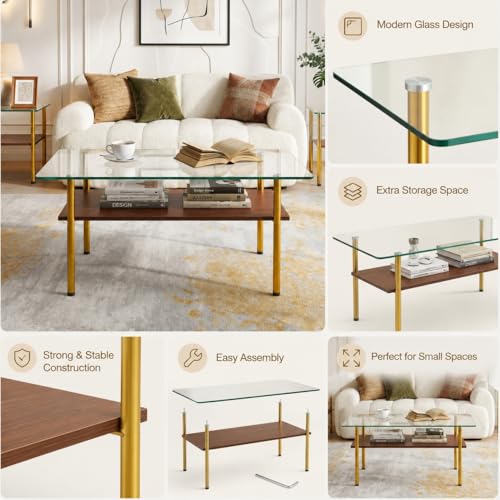 Image of 3 Piece Coffee Table and End Table Set, Living Room Table Set with Tempered Glass Top,Wooden Storage Shelves & Golden Metal Legs, 2-Tier Coffee Table Set of 3,Easy Assembly for Apartment Small Space