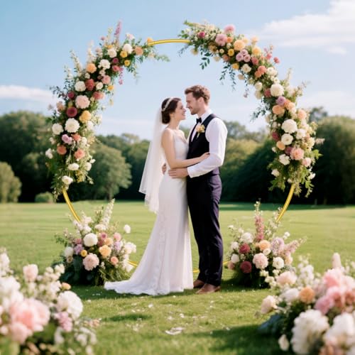 Image of Nisoger 7.2FT Round Backdrop Stand, Circle Gold Balloon Wedding Arch Frame | Metal Wedding Backdrop With Storage Bag For Valentines Day Parties, Baby Shower, Ceremony and Graduation Decorations
