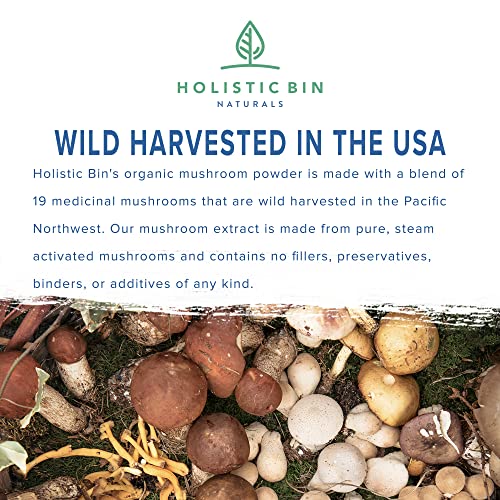 Holistic Bin Organic Mushroom Blend Powder 19 Wild Harvested Varieties (Lion's Mane, Reishi, Enoki, Mesima, Turkey Tail, Cordyceps, & More) | Adaptogenic Mushrooms Supplement | Made in The USA - Image 3