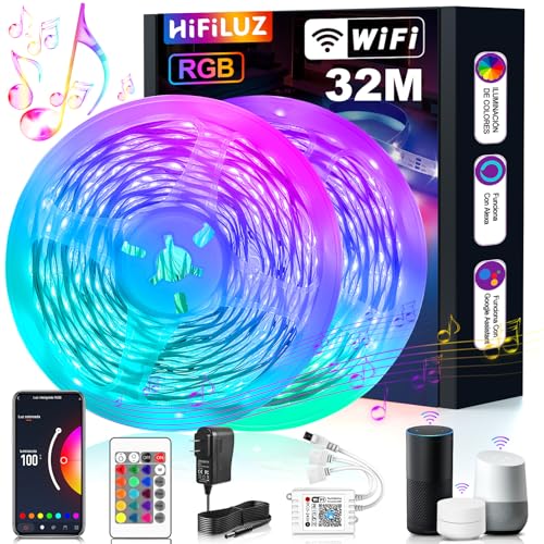 Opiniones de Mangueras de luces LED los mejores 10. 48 HIFILUZ 32M Luces Led Compatible Alexa Tira Led Exterior WiFi 3535 RGB Color Controlada Por Teléfono Inteligente, Trabaja con Sistema Android y iOS, Google, Tiras Leds de luz para...