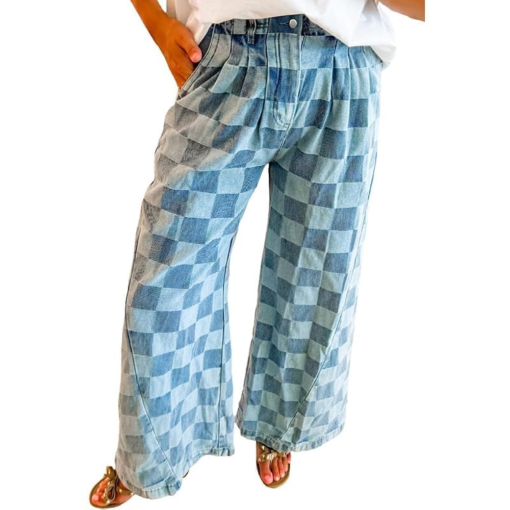 Melliflo Plaid Denim Pants for Women Fashion Checkered Print
