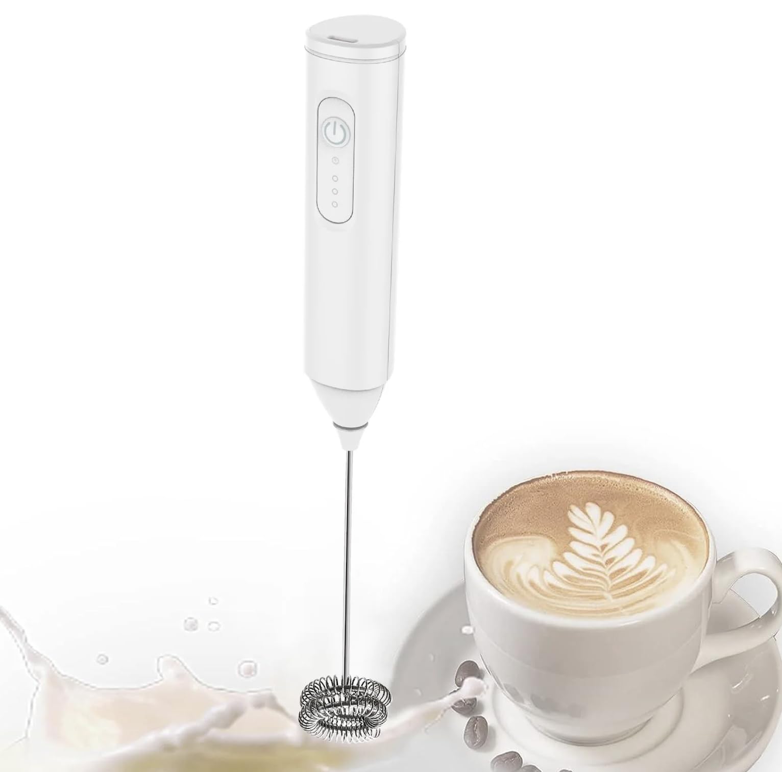 Electric Milk Frother, USB Rechargeable, 3 Speed Settings, Stainless Steel Whisk, Low Noise (White)