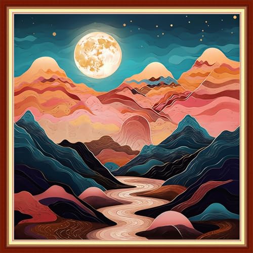 Image of Funxvoot Stamped Cross Stitch Kits Beginners Full Range of Embroidery Kits for Adults 11CT Embroidery Patterns Needlepoint Kits Printed Cross Stitch Kits - (Moon Night Scene 18x18 inchs)
