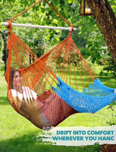 Image of Chihee Handwoven Hammock Chair 7.9ft Detachable Strong Metal Spreader Bar | Stretchy Cotton Blended Rope Large Hanging Chair Ventilated Mesh Swing Seat Color Blocking Portable Carry Bag Indoor Outdoor