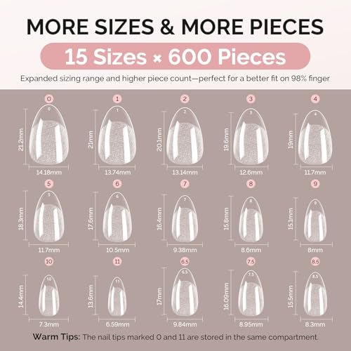 Image of MelodySusie Short Almond X Nail Tips - 600Pcs 15 Sizes Clear Acrylic, Half Matte Full Cover Press on Nails for DIY Extension & Salon Use, Pre-Shaped for Long-Lasting Manicure