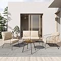 EAST OAK 4-Piece Plaza Patio Furniture Set, Outdoor Furniture with Thick Cushion Sofa and Coffee Table, Modern Patio Conversation Set for Garden, Backyard and Porch, Brown & Beige