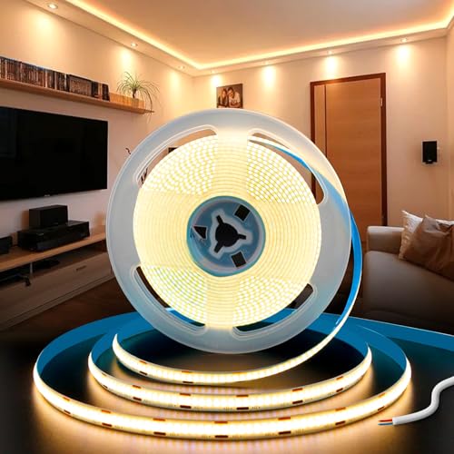 SUCIKORIO COB LED Strip Light Without Plug 12V 5m Warm White 3000K LED Strip Lights for Bedroom Adhesive TV Led Lights Backlight Flexible Cuttable COB Led Light Strips 8mm 320LEDs/m Super Bright