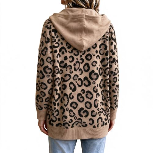 Leopard Print Cardigan Sweater Open Front Knit Cardigan with Hood Top - image 5