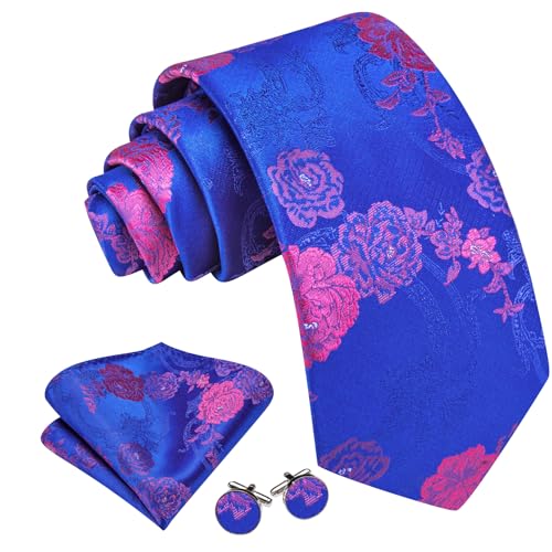 Image of Barry.Wang Flower Ties for Men Silk Woven Floral Tie Sets Necktie Handkerchief Cufflinks Wedding Party