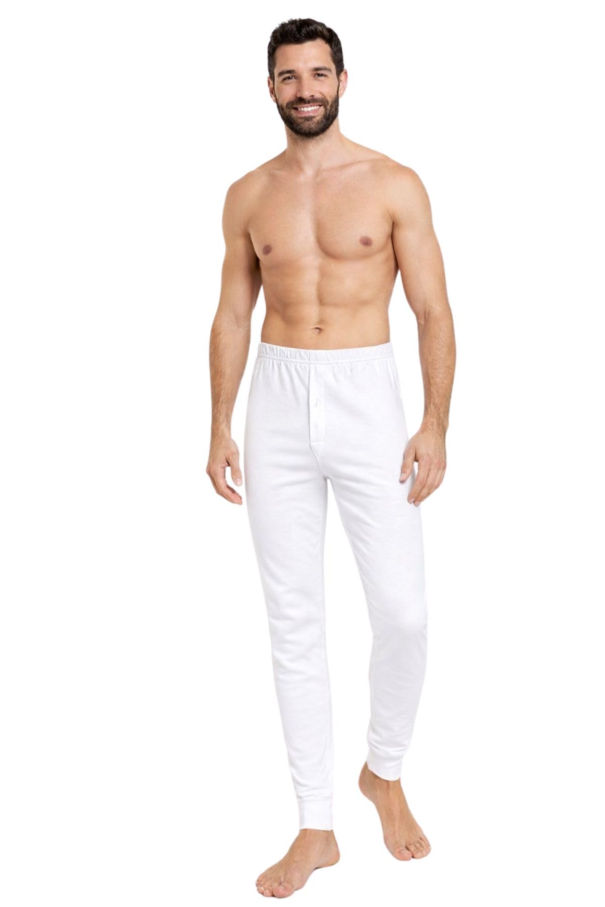 LADY·C Mallas largas de algodón Interlock para hombre, térmicas y suaves, banda de confort en la cintura, botón frontal – Ropa interior de invierno 100% algodón blanco/negro