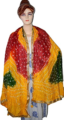 Image of Women's Jaipuri Art Silk Bandhej Rajasthani Bandhani Dupatta with Gota Patti Lace