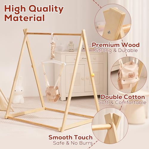 Image of FUNLIO Montessori Wooden Baby Jumper with Stand for 6-36 Months, Adjustable Baby Bouncer for Indoor /Outdoor Play, Foldable Toddler Jumper for Baby Girl /Boy, Easy to Assemble & Store