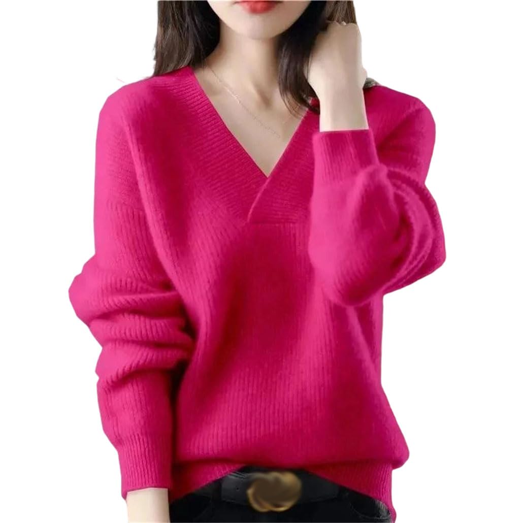Dninmim Womens Cashmere Sweater V-Neck Knitted Pullover Loose Solid Soft Jumper