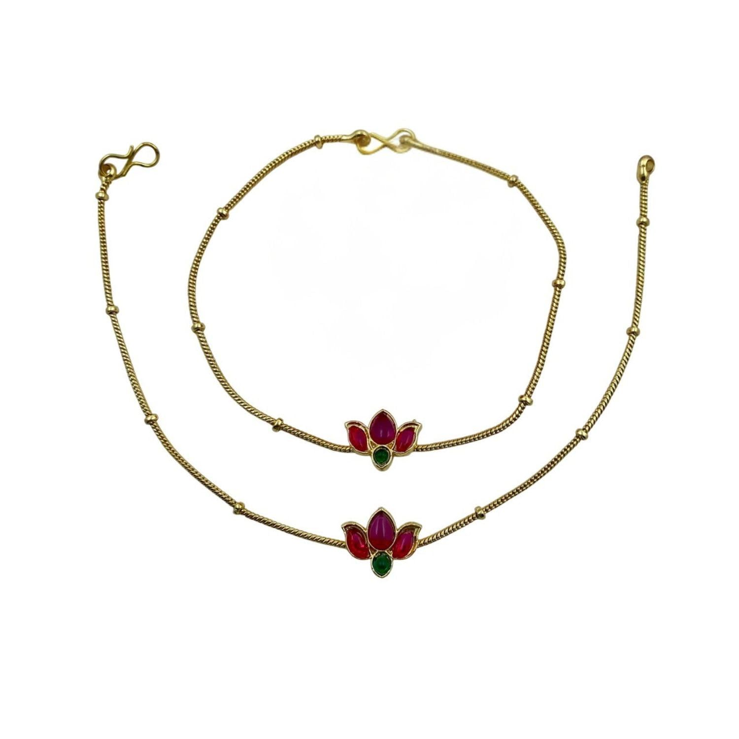 Traditional Gold-Plated Lotus Design Anklet for Women & Girls | Elegant Red & Green Stone Payal | Ethnic Wedding & Festive Foot Jewelry | Lightweight Daily Use Gift Accessory-image-8