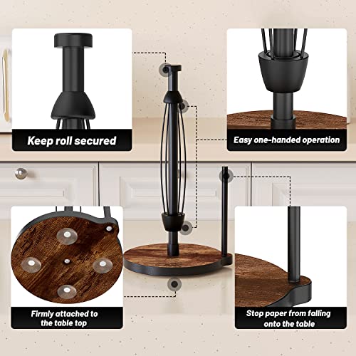 Vehhe Paper Towel Holder Countertop, Farmhouse Paper Towel Stand With Ratchet System And Suction Cups For Kitchen,Stainless Steel Perfect Tear Paper Towel Roll Holders With Wooden Base- Black #TOP4