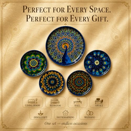 Image of TARUN'S HOME DECOR - Decorative Peacock Mandala Wall Plates Set of 5 | Handcrafted Metal Wall Art for Living Room, Bedroom, Hall & Home Decor | Multicolor Ethnic Hanging Wall Decor
