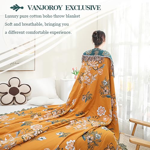 Boho Large Throw Blanket, 100% Organic Cotton Breathable Soft Bed Throw - Floral Bird Farmhouse Decor Blanket for Sofa Couch Chair Quilt and Gift. (Flower-Art, 80" x 90")