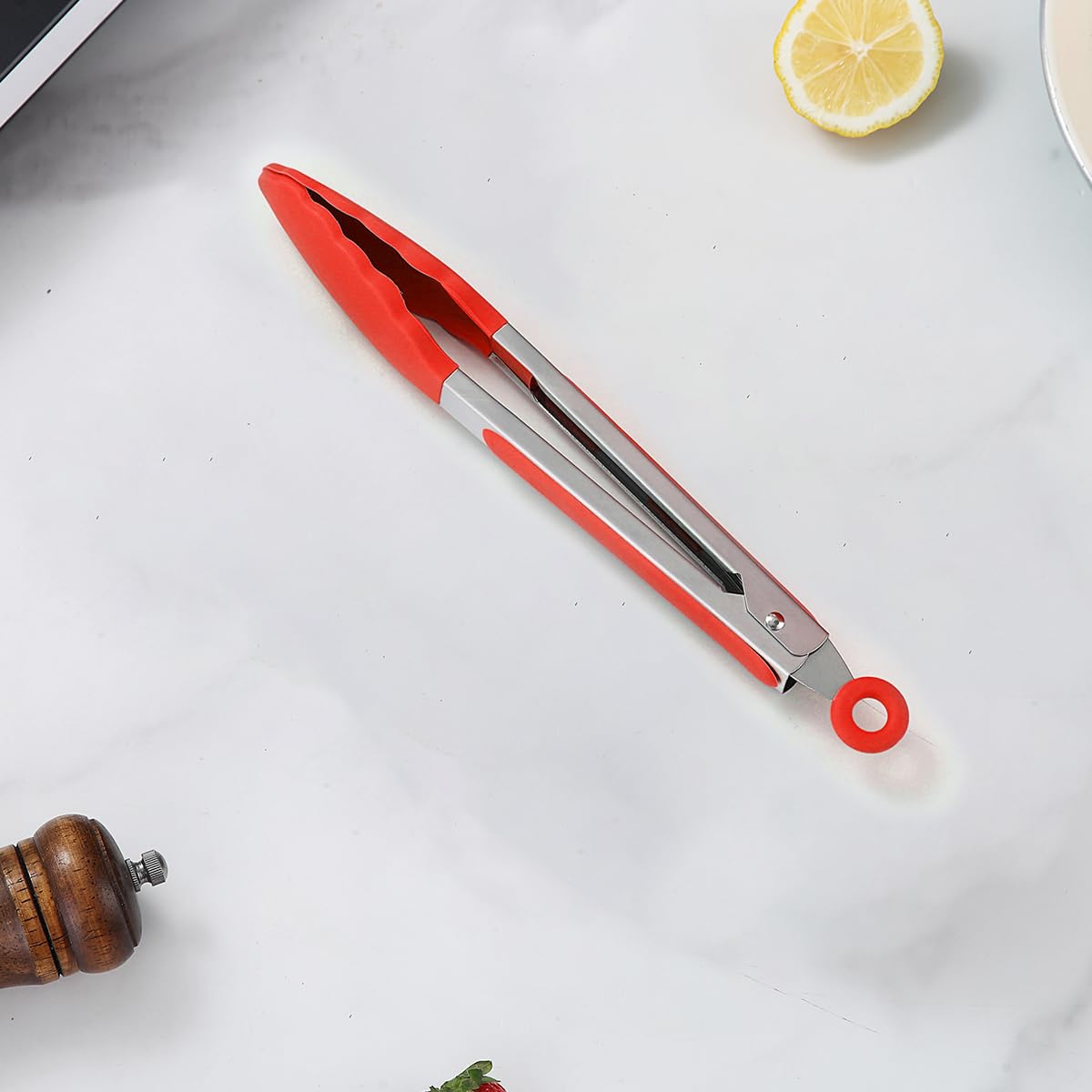 Kitchen Tongs For Cooking Grill & BBQ, Heat Resistant Handle Non Slip, Kitchen Tongs With Red Silicon Tips For Salad, Ice, Fry, Serving, Oven.