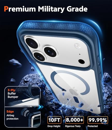 Image of FNTCASE for iPhone 17 Pro-Max Case: Clear Magnetic Phone Cases with Screen Protector Compatible with Magsafe Slim Anti Yellowing Rugged Shockproof Protective Transparent Cell Phone Cover (B-Blue)