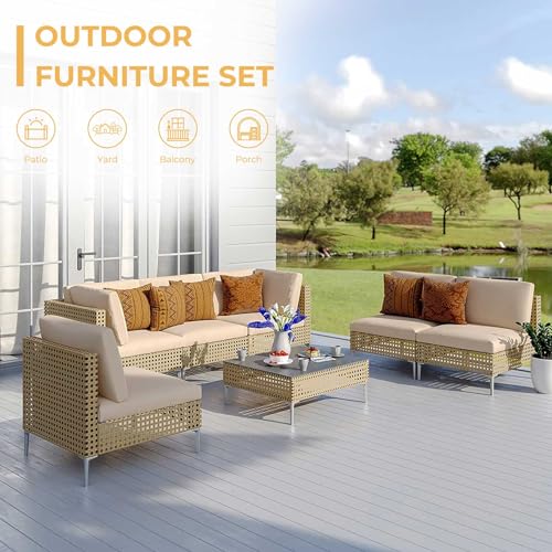 Grand Patio 7-Piece Wicker Patio Furniture Set, Boho Outdoor Conversation Set Sectional Sofa With Water Resistant Thick Cushions And Coffee Table thumb #3