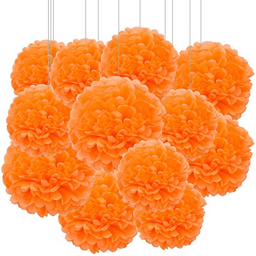Image of Aimto 12pcs Orange Paper Pom Poms Decorations for Party Ceiling Wall Hanging Tissue Flowers Decorations - 1 Color of 12 Inch, 10 Inch