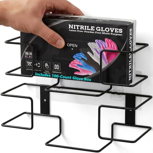 Image of Glove Box Holder Wall Mount Set with 100 Nitrile Gloves, 2 Pack, Black | 1 Small & 1 Large Holder for Multiple Box Sizes