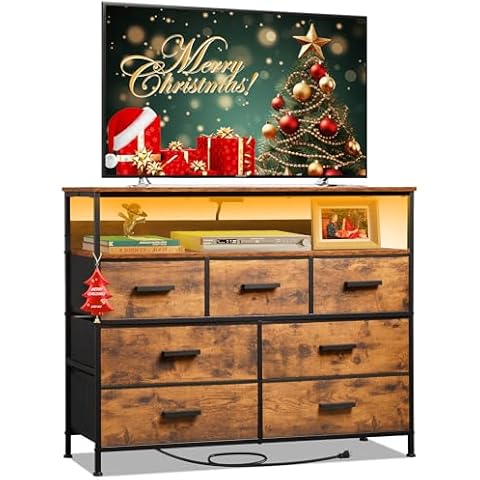 NASHZEN Dresser TV Stand with 7 Drawers, Dresser TV Stand with LED Lights & Power Outlets, Bedroom Dresser, Chest of Drawers up to 45'' Long TV, Wide Fabric Dresser with Open Shelf (Rustic Brown) Cover