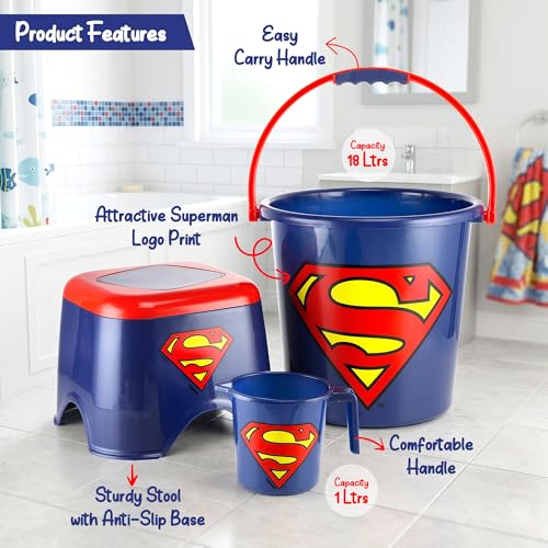 Image of Nayasa Kids Superman Print Bathroom Set of 3 for Children | 18 LTR Bucket, 1 LTR Mug and Stool Combo | Sturdy and Durable | Lightweight and Rigid | Easy to Clean and Attractive Design | Blue