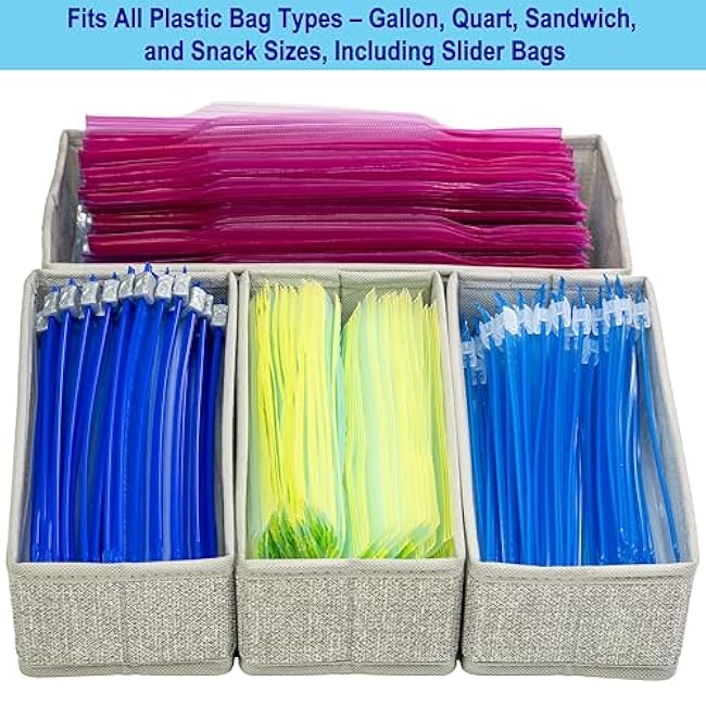 Kitchen Drawer Organizer ¨C Set of 4 Rigid Fabric Bins ¨C Fits Gallon, Quart, Sandwich & Snack Bags ¨C Also Great for Utensils & Silverware