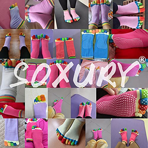 4 Pairs Toe Socks With Grips For Women Non Skid Pilates Ballet Dance Non Slip Sticky Five Finger Socks For Running Athletic (4 Pairs-B+Dp+Ly+Lp) #TOP5